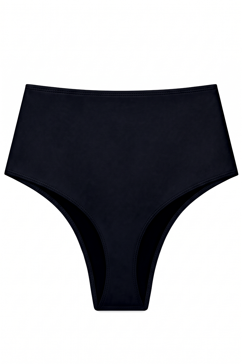Vista posterior de la bombacha negra lisa tiro alto de Alitas Bikinis. Modelo de cintura alta con calce cola less, vedetina tradicional que ofrece cobertura completa y comodidad en la parte trasera.