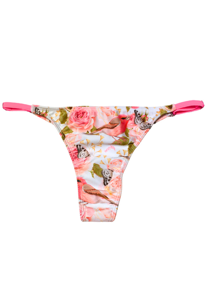 Bombacha de bikini alita modelo Regulable Less con tiras laterales fucsia y estampado de pájaros y flores