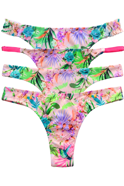 Bombacha Bonnie de Alitas Bikinis con estampado tropical de flores y colibríes. Disponible en modelos Frunce Less, Regulable Less, Sin Costura Less y Clásica Less.