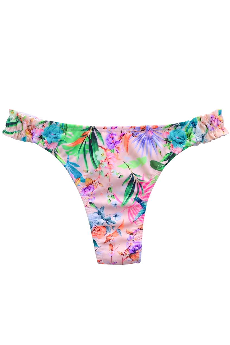 Bombacha de bikini colaless bonnie variante Frunce cola less con laterales elásticos fruncidos y diseño floral.