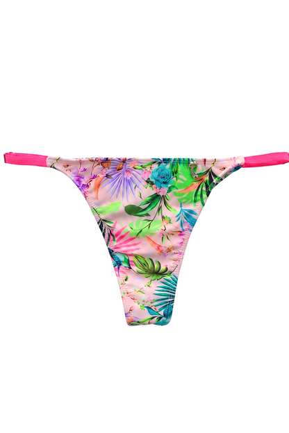 Bombacha de bikini bonnie modelo regulable colaless con tiras laterales fucsia y estampado de pájaros y flores