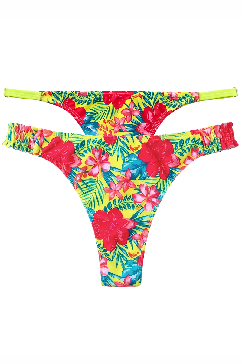 Bombacha bikini colaless con frunce lateral ancho y diseño de flores hibisco rojas para mujer