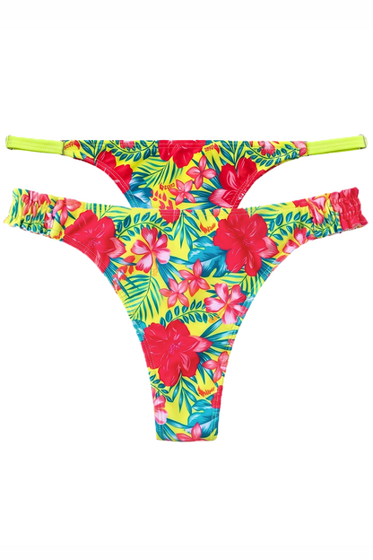 Bombachas de bikini de mujer regulable y frunce colaless con estampado tropical de flores rojas sobre fondo amarillo