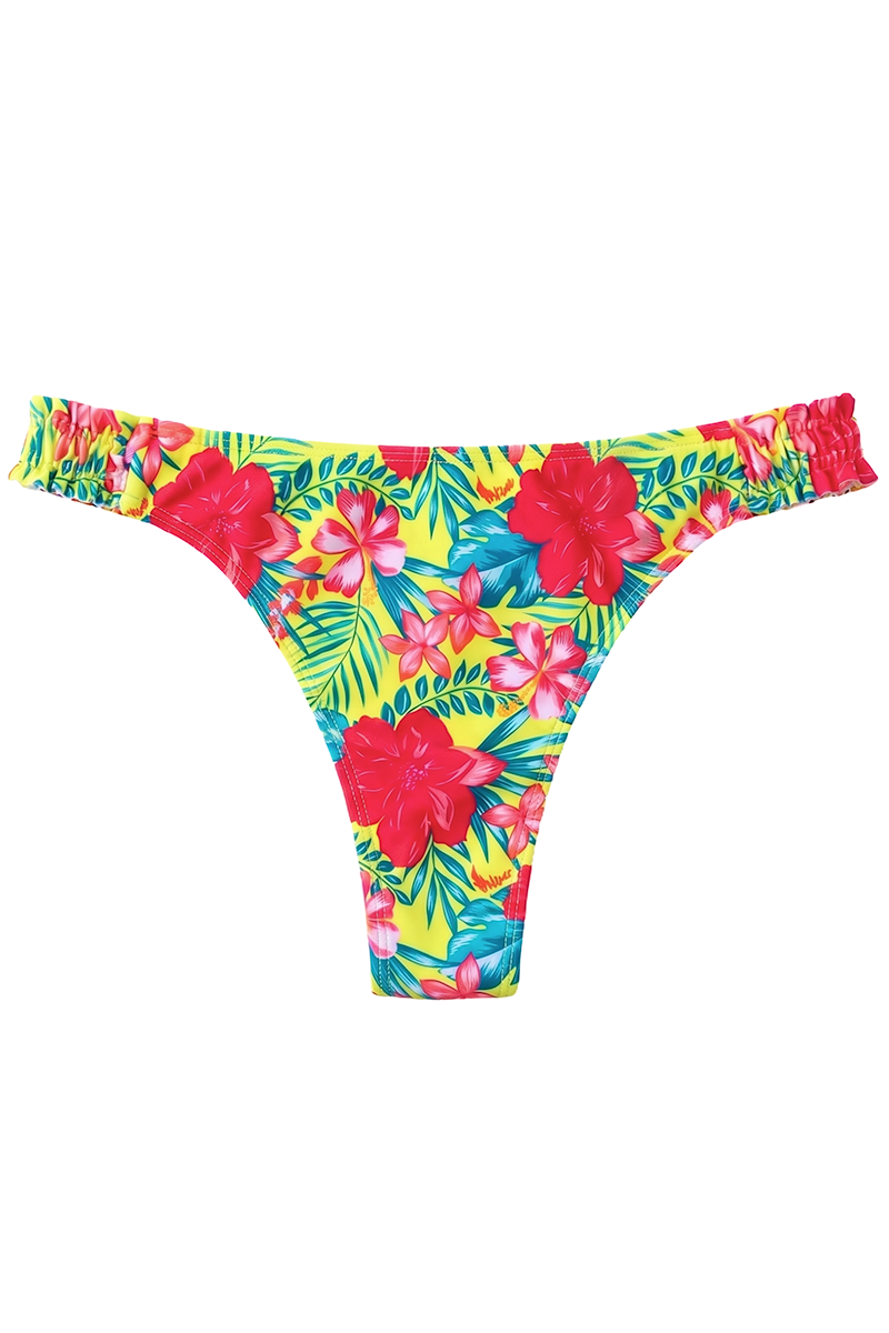 Bombacha bikini colaless con frunce lateral ancho y diseño de flores hibisco rojas para mujer