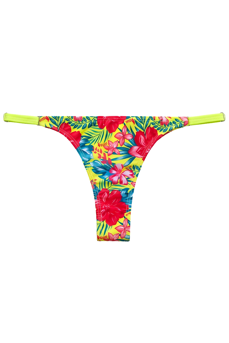 Bombacha bikini regulable colaless con tiras laterales amarillas y diseño de flores tropicales rojas de mujer
