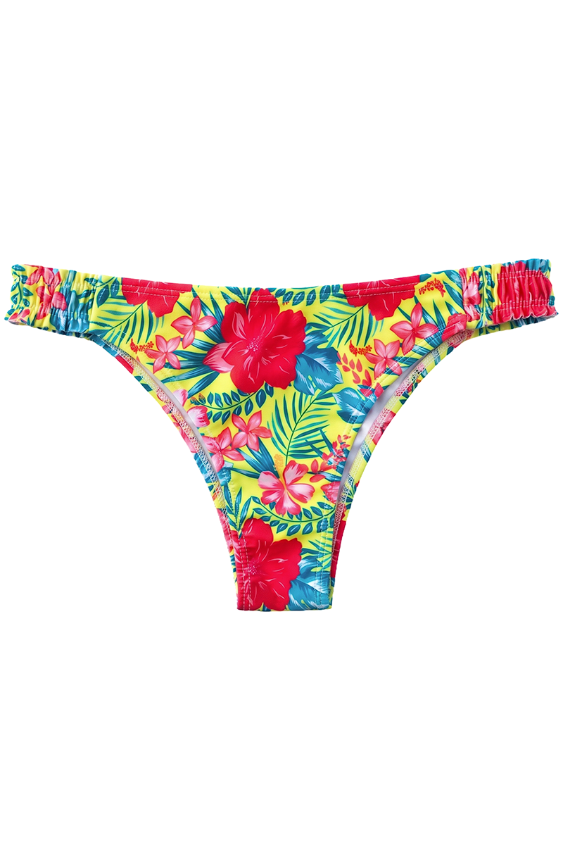 Bombacha bikini vedetina con frunce lateral y estampado de flores tropicales amarillas de mujer vista interna
