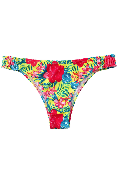 Bombacha bikini vedetina con frunce lateral y estampado de flores tropicales amarillas de mujer vista interna