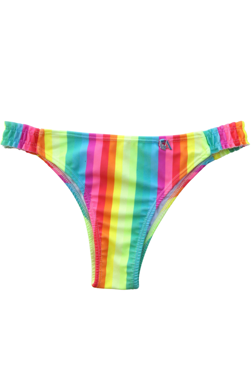 Bombacha bikini vedetina con frunce lateral y estampado de rayas verticales arcoíris multicolor de mujer